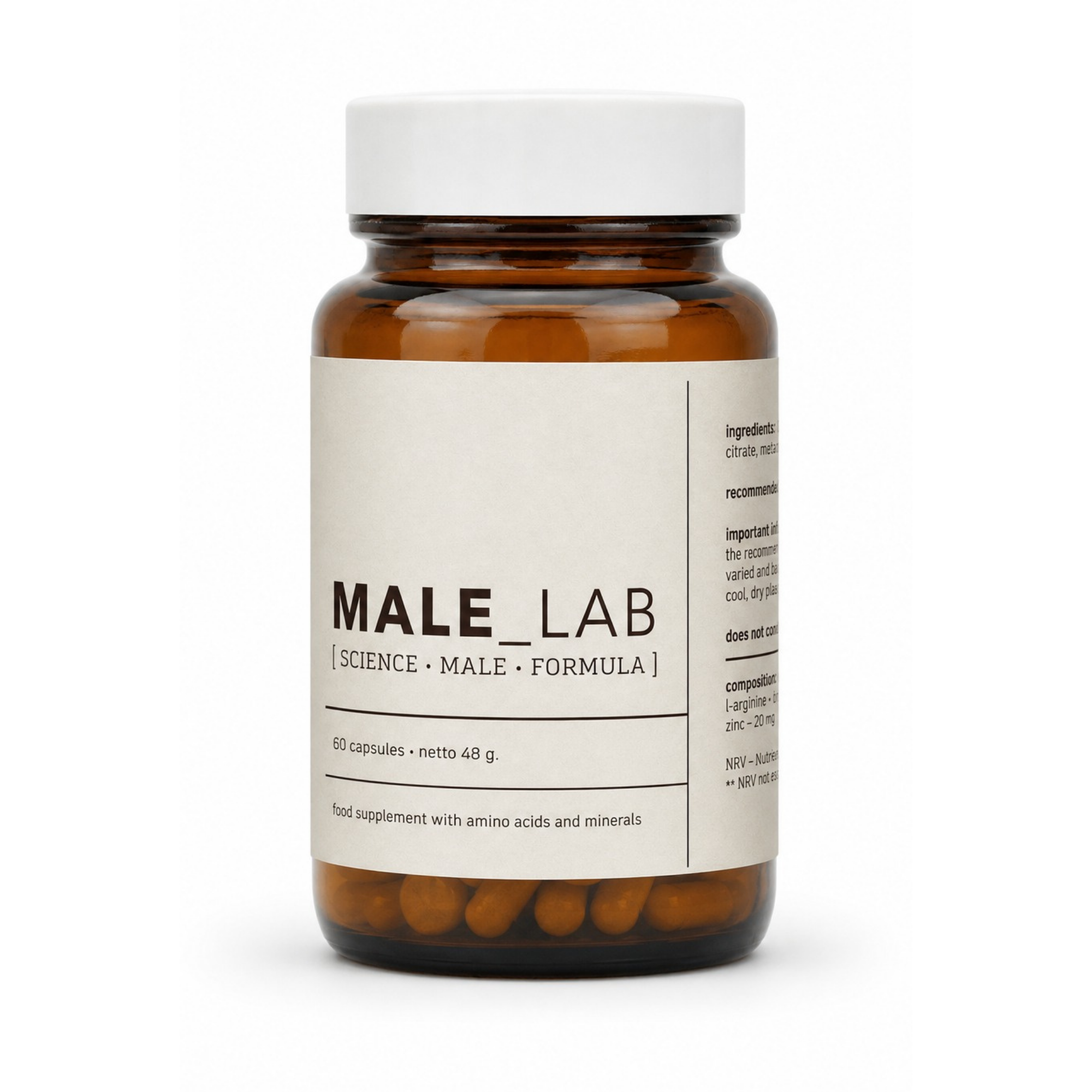 MALE_LAB amber glass bottle with white cap, containing 60 capsules