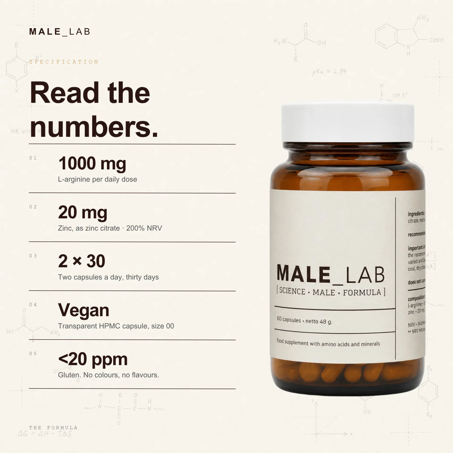 MALE_LAB formula summary showing 1000 mg L-arginine and 20 mg zinc